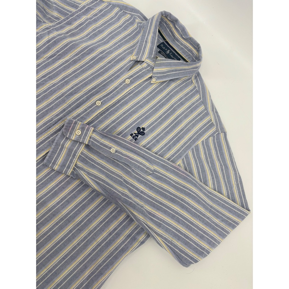 Ralph Lauren Custom Fit Striped Oxford Shirt Blue Yellow RLC Tennis Crest Large